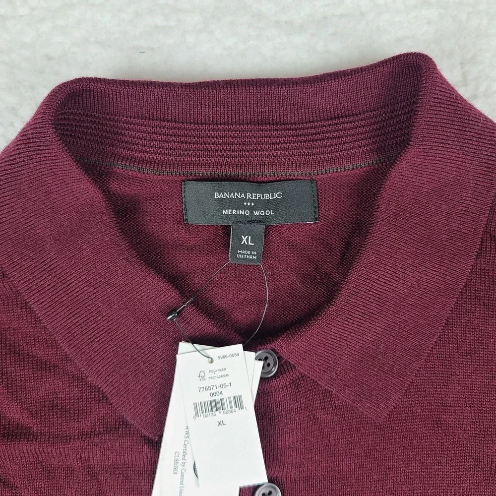 Banana Republic Polo Sweater Mens XL Burgundy Red Merino Wool Sweatshirt NWT NEW